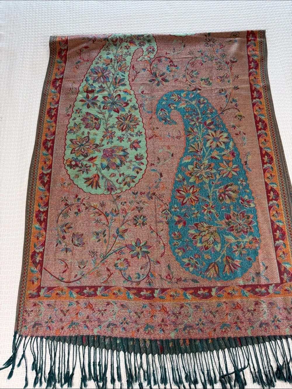 Teal, burgundy maroon and gold paisley print scarf/shawl pashmina